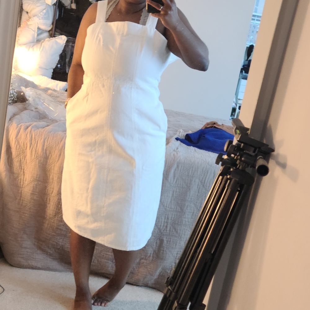 White denim midi dress with straps and pockets